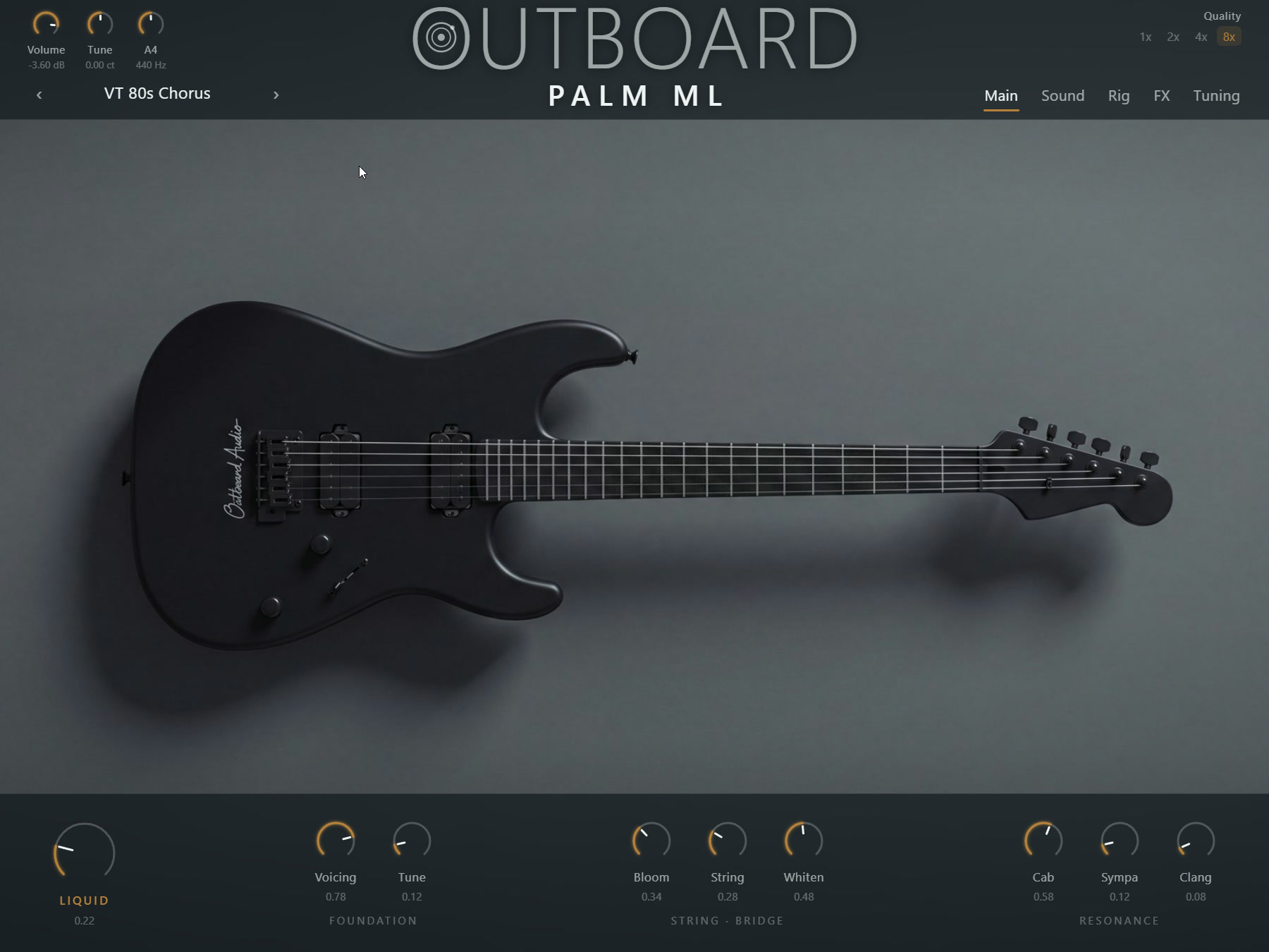 Outboard PalmML — le panneau Main, avec la sept cordes et le pied Liquid