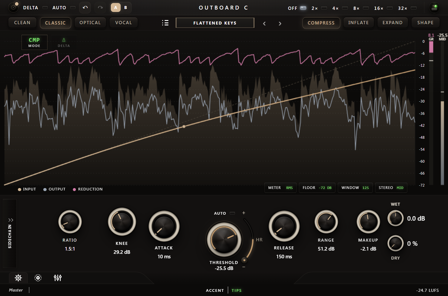 Outboard-C plugin interface, Detect / Shape view, Classic voicing