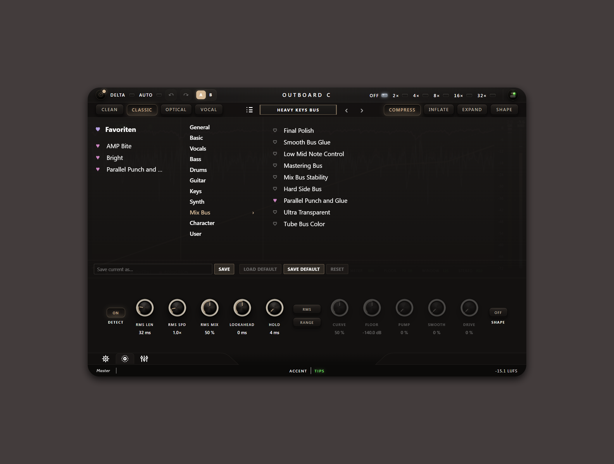 Outboard-C plugin interface, preset browser open