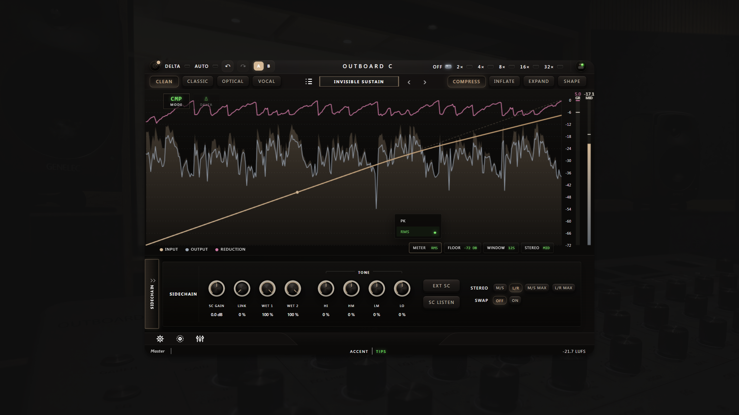 Outboard-C plugin interface on a studio desk, 16:9