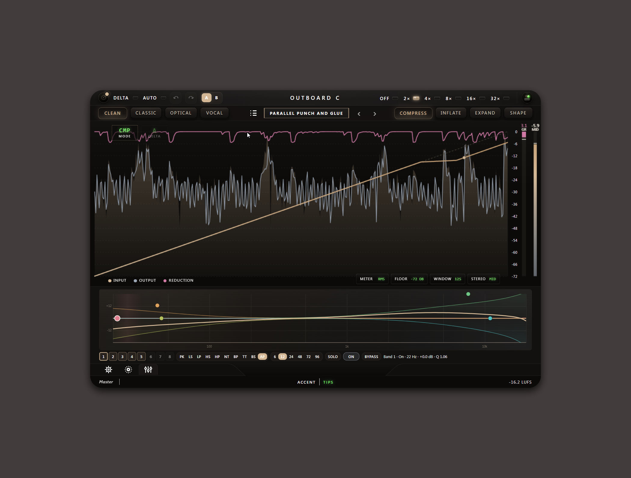 Outboard-C plugin interface, 8-band sidechain EQ view