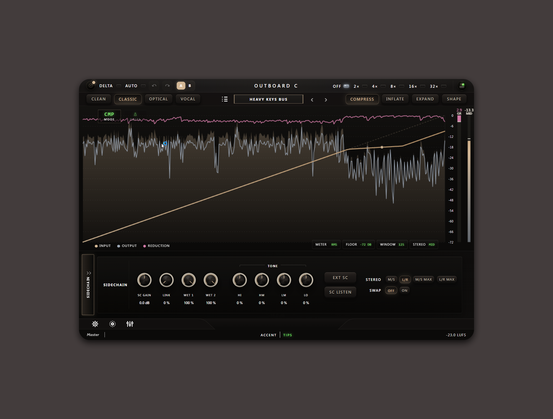 Outboard-C plugin interface, sidechain view, Classic voicing