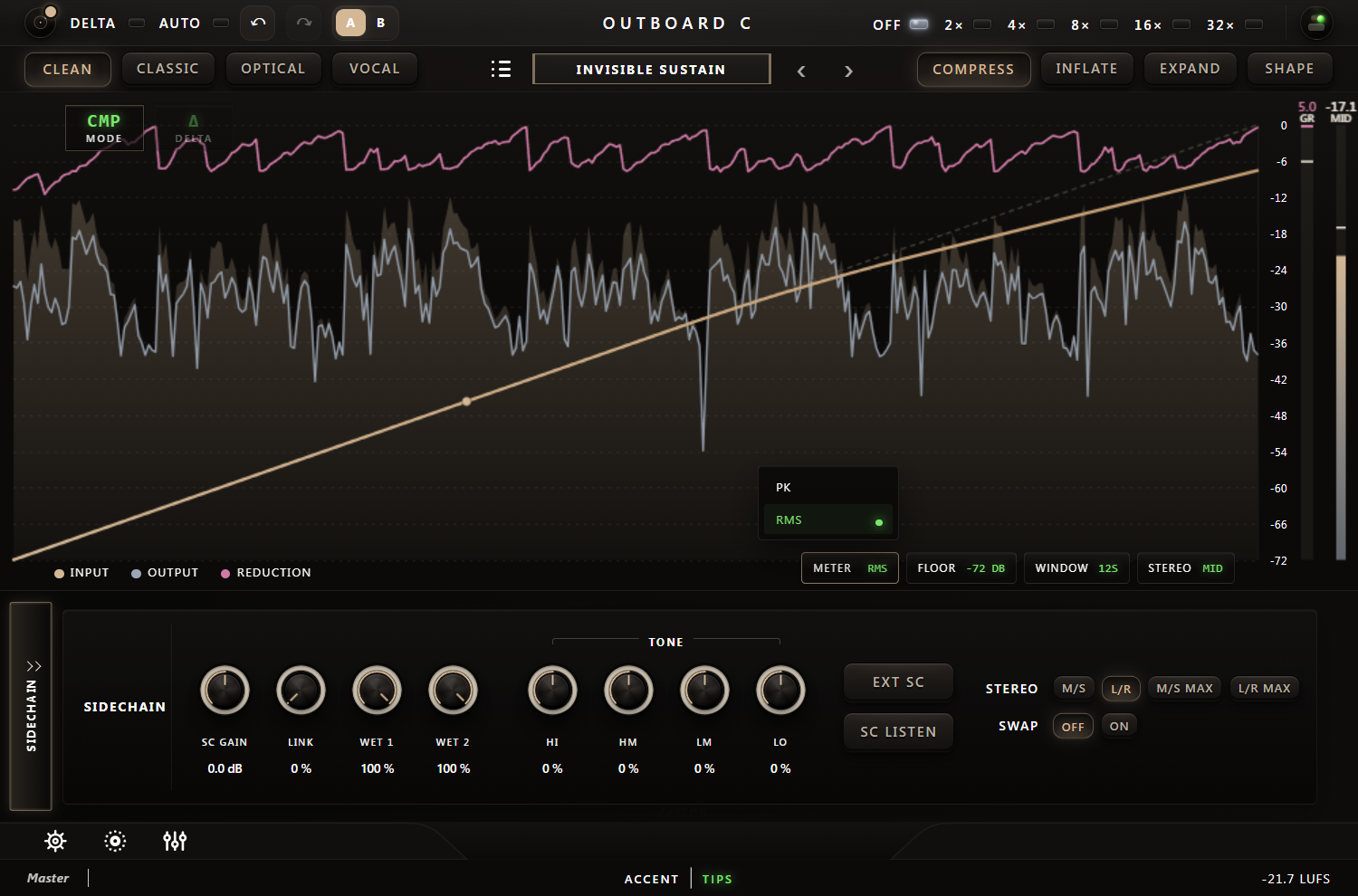 Outboard-C plugin interface, sidechain view, Clean voicing