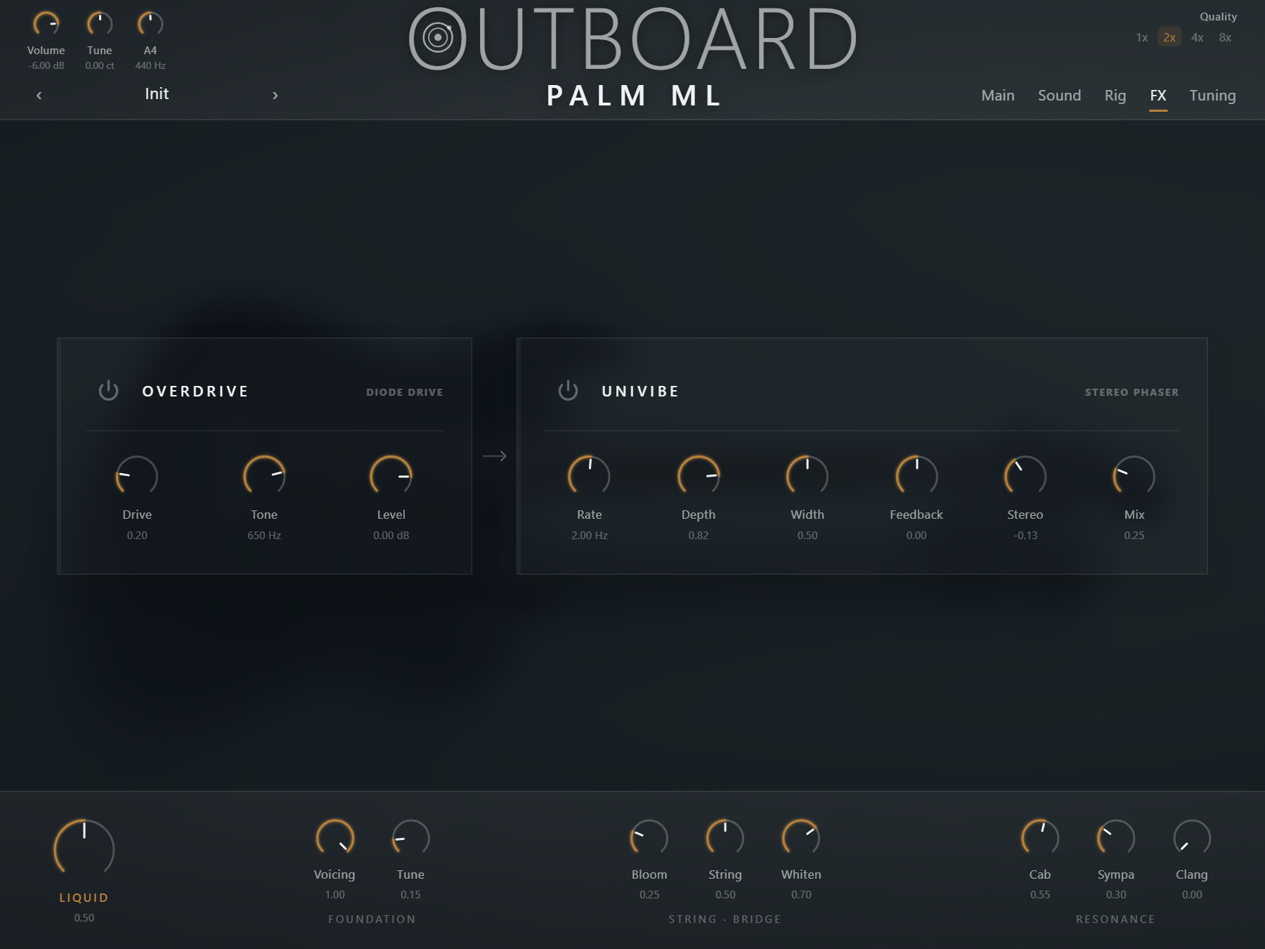Outboard PalmML plugin interface, FX panel with overdrive and stereo vibe