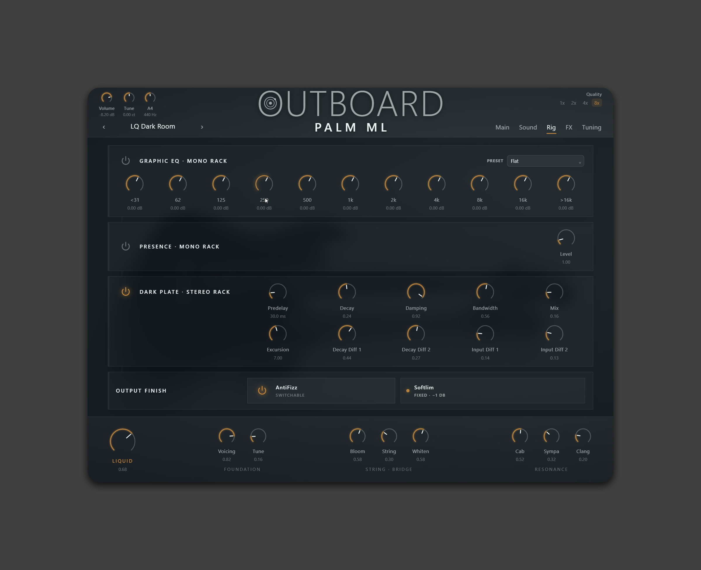 Outboard PalmML plugin interface, Rig panel with graphic EQ, Presence and dark plate
