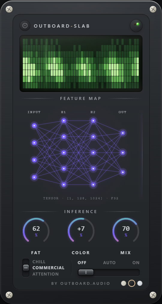 Outboard-Slab plugin interface, full window, Graphite theme