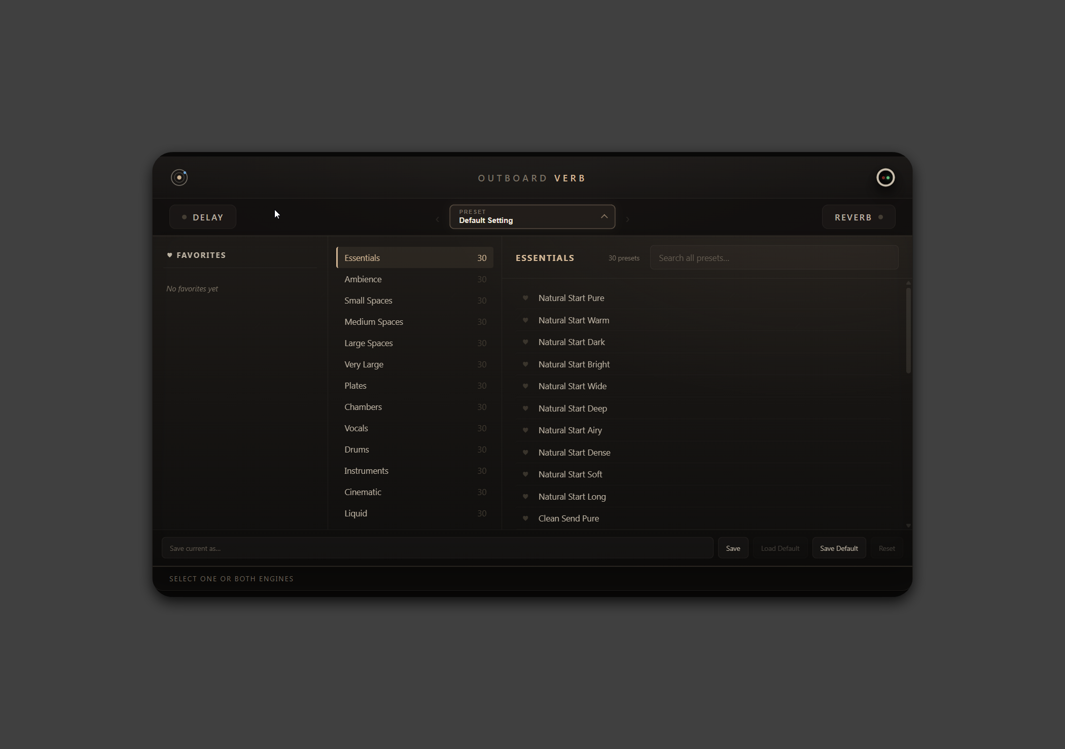 Outboard-Verb plugin interface, preset browser open